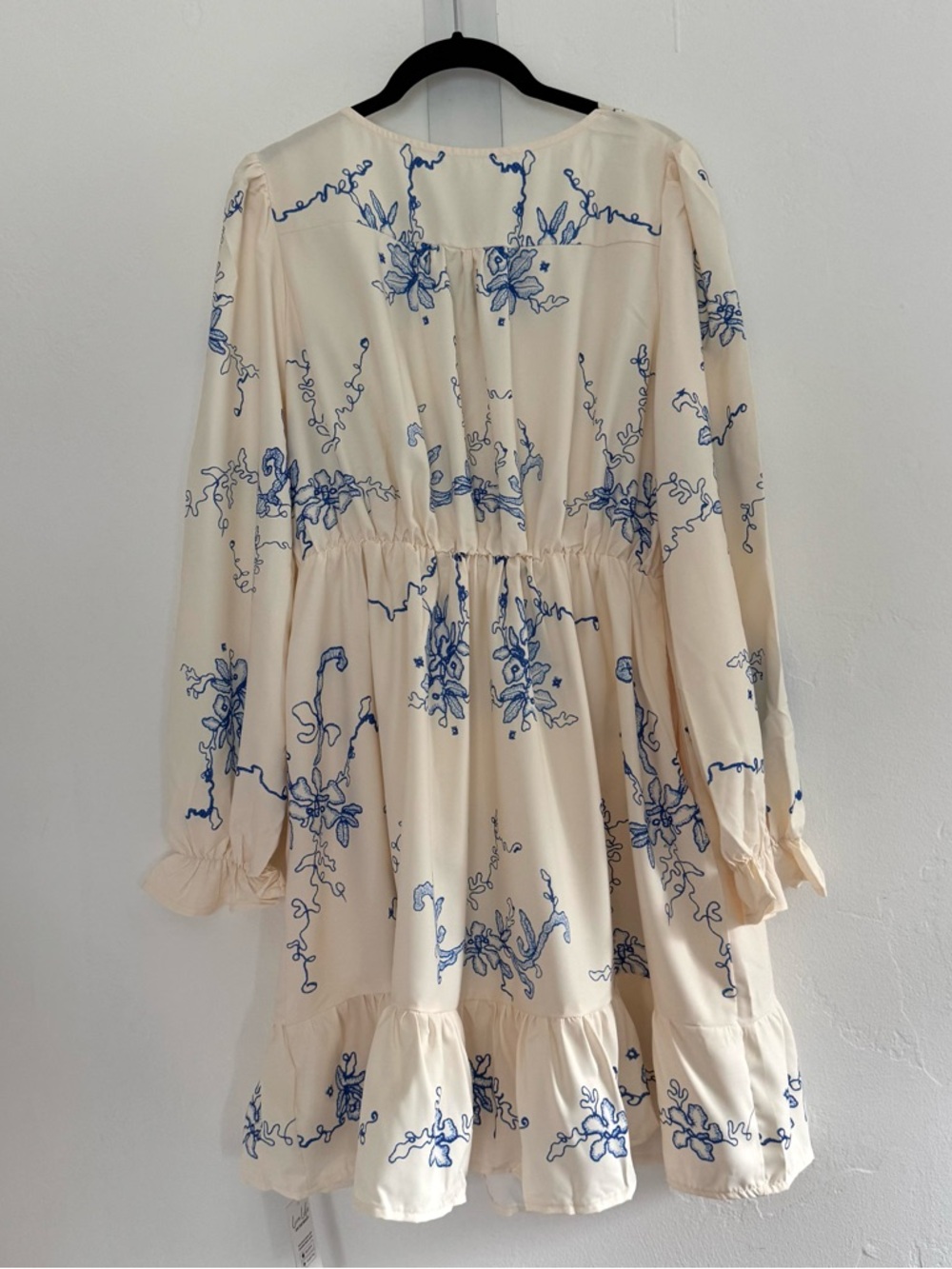 NWT Cupshe Boho Orchids Ruffled Mini Dress Long Sleeve Floral Cream Blue - Picture 4 of 14